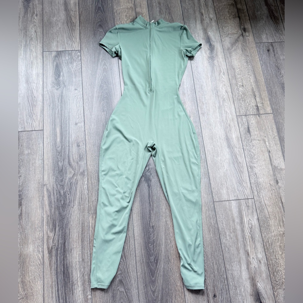 Sage Green Short Sleeve Zip-Front Jumpsuit